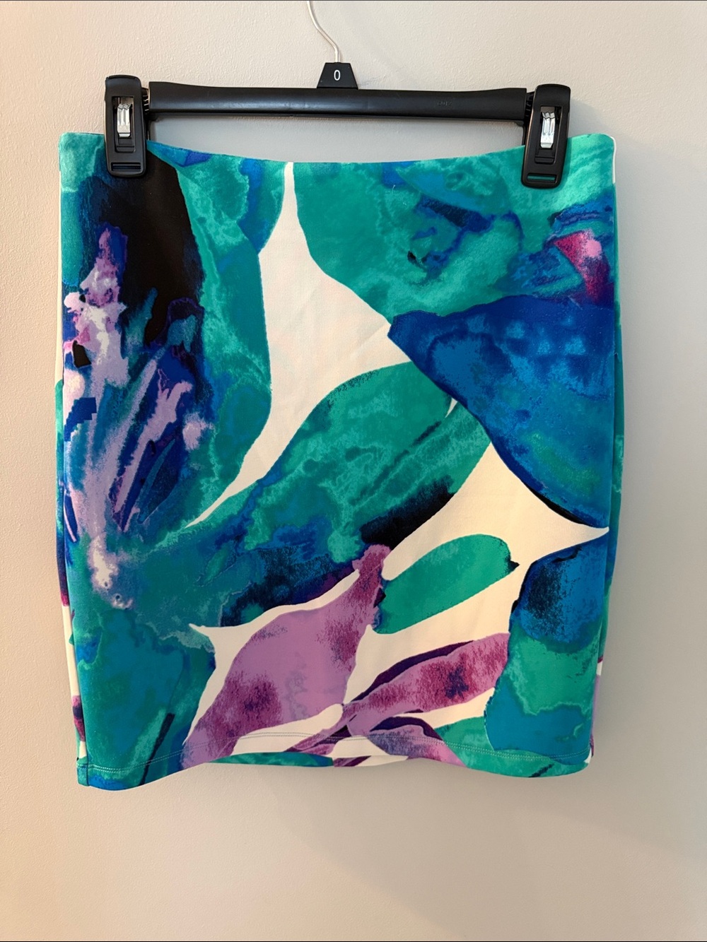 BEBE Teal, Blue & Purple Abstract Pencil Skirt, M